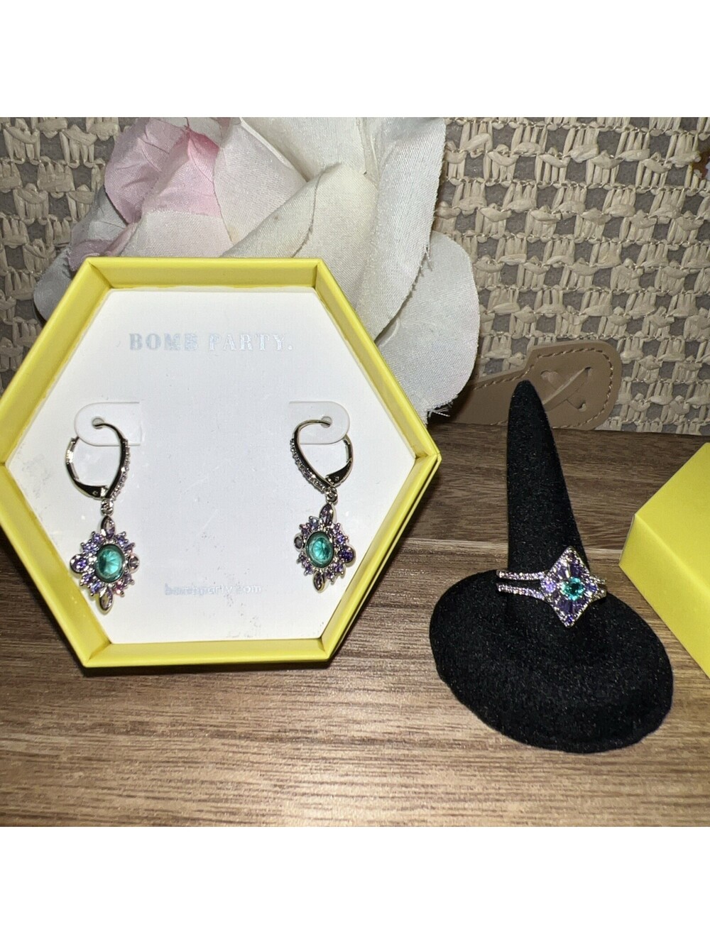 Bomb Party Earrings. Make A Wish. Includes Matching Size 7 Ring. Rhodium Plating